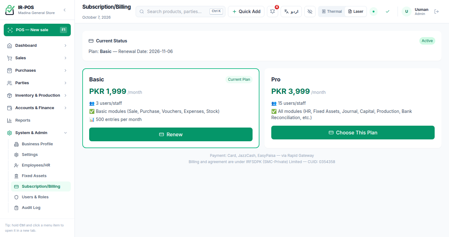 Subscription and billing screen inside IR-POS showing an active Basic plan and the date it is paid up to