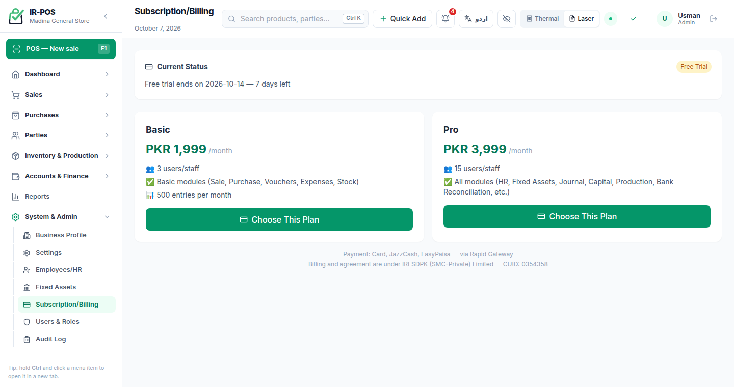 Subscription and billing screen inside IR-POS showing the Basic and Pro plans