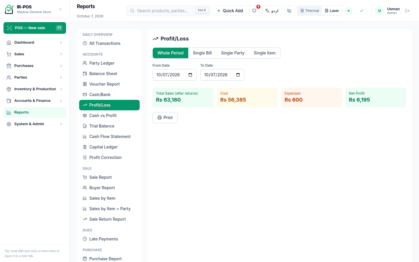 IR-POS profit and loss report