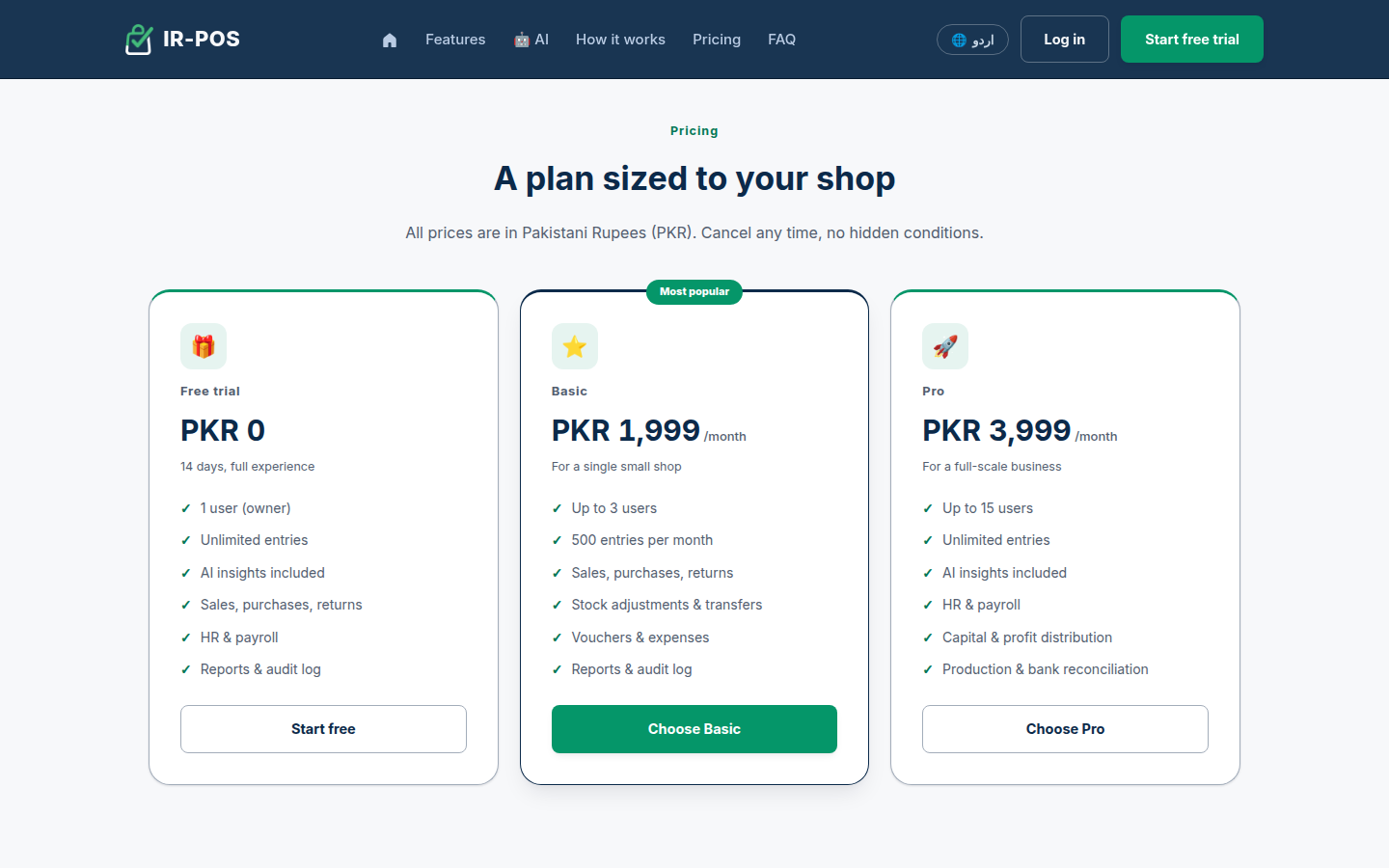 IR-POS pricing page with the Free Trial, Basic and Pro plans in PKR